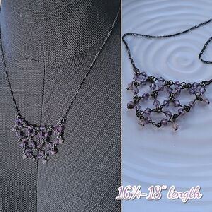Purple beaded silver tone chain lattice necklace